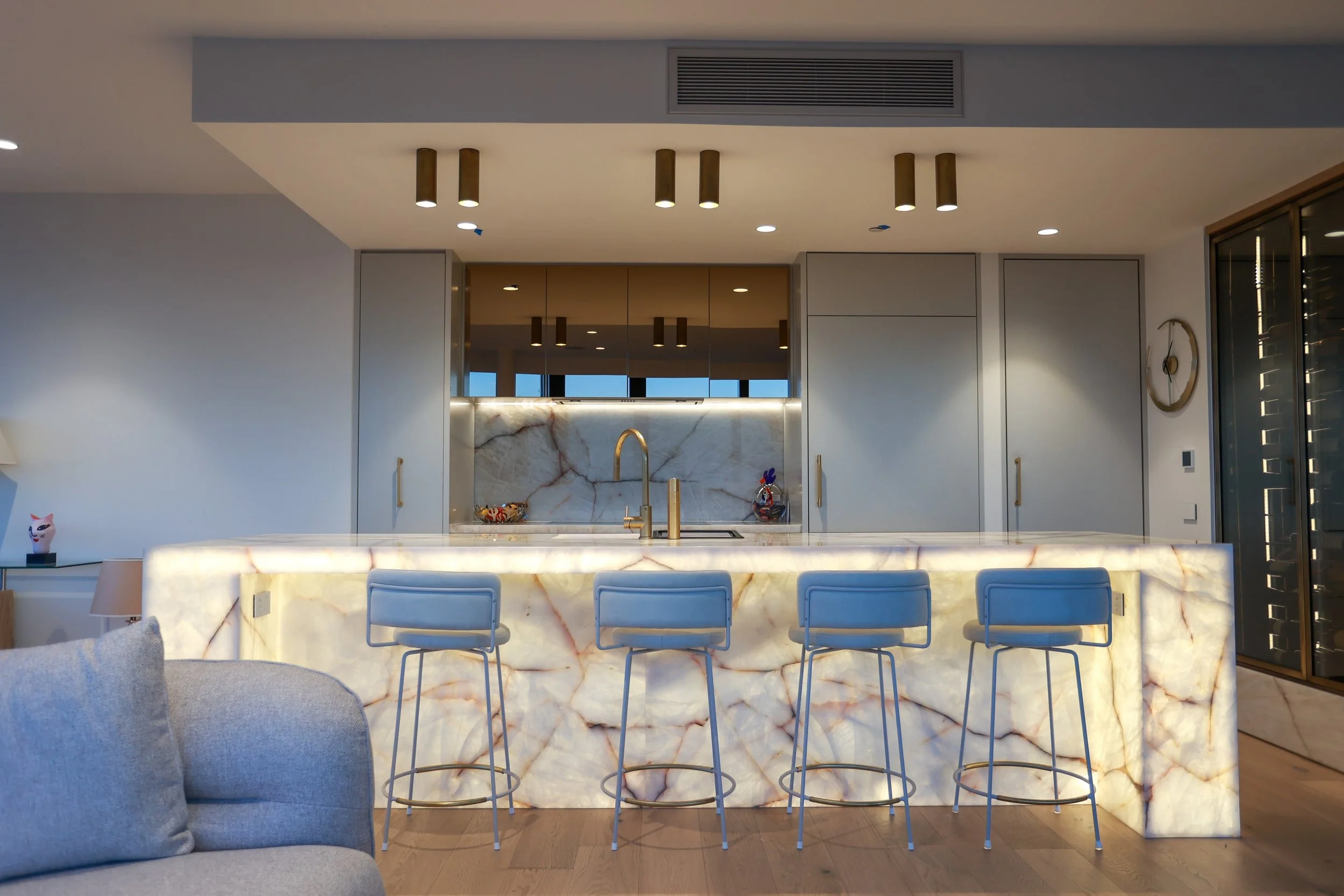 Soft-close cabinetry with brushed nickel handles